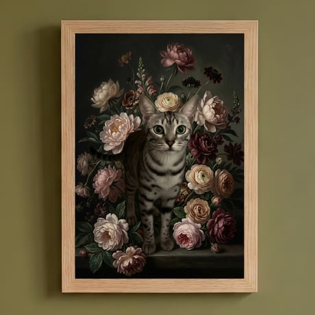 猫（エジプシャンマウ）の花に囲まれた油絵風アート A4額装インテリア壁掛け