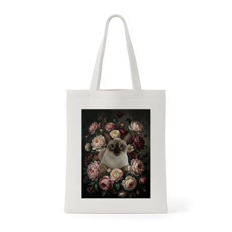 猫（シャム猫）トートバッグ 花の油絵風アート キャンバス地