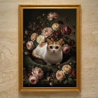 猫（マンチカン）の花に囲まれた油絵風アート A3額装インテリア壁掛け