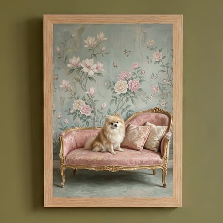 犬（ポメラニアン）のロココ調シャビーピンクアート A4額装インテリア壁掛け