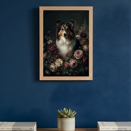 犬（シェットランドシープドッグ）の花の油絵風アート A4額装インテリア壁掛け