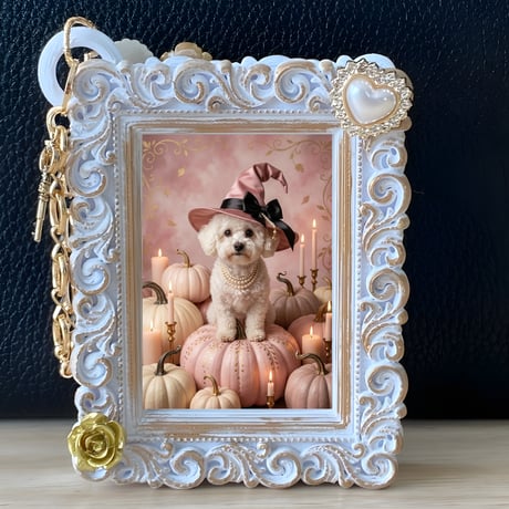 犬（ビションフリーゼ）バッグチャーム ハロウィン限定 ホワイト額縁