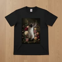 猫（バリニーズ）半袖Tシャツ 花の油絵風アート ブラック 男女兼用