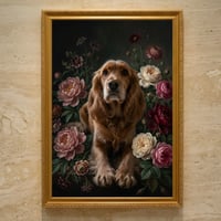 犬（コッカースパニエル）の花に囲まれた油絵風アート A3額装インテリア壁掛け