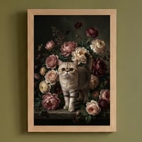 猫（エキゾチックショートヘア）の花の油絵風アート A4額装インテリア壁掛け