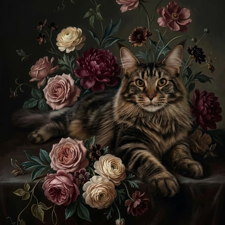 猫（メインクーン）の花に囲まれた油絵風アート A3額装インテリア壁掛け
