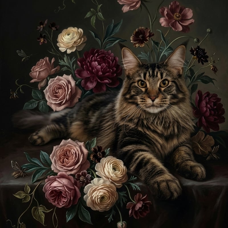 猫（メインクーン）の花に囲まれた油絵風アート A3額装インテリア