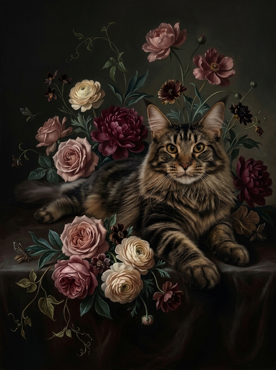 猫（メインクーン）の花に囲まれた油絵風アート A3額装インテリア