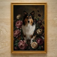 犬（シェットランドシープドッグ）の花の油絵風アート A3額装インテリア壁掛け