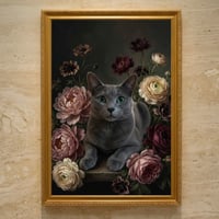 猫（ロシアンブルー）の花に囲まれた油絵風アート A3額装インテリア壁掛け