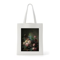 インコ（サザナミインコ）トートバッグ 花の油絵風アート キャンバス地