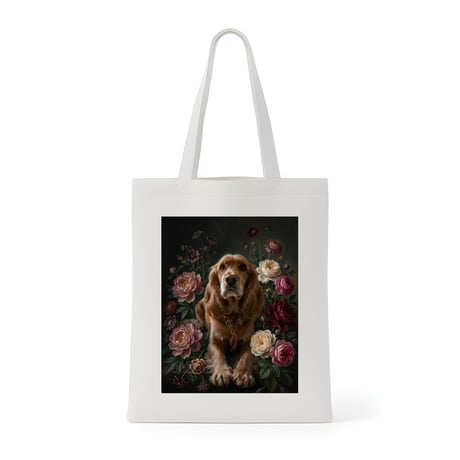 犬（コッカースパニエル）トートバッグ 花の油絵風アート キャンバス地