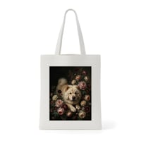 犬（チャウチャウ）トートバッグ 花の油絵風アート キャンバス地