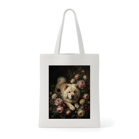 犬（チャウチャウ）トートバッグ 花の油絵風アート キャンバス地