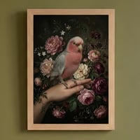 インコ（モモイロインコ）の花に囲まれた油絵風アート A4額装インテリア壁掛け