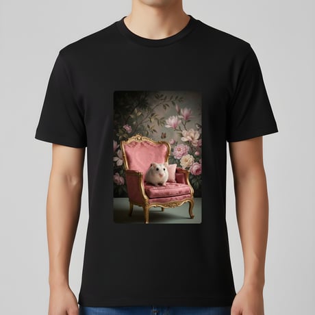 パールホワイトハムスター半袖Tシャツ ロココ調シャビーピンク ブラック 男女兼用