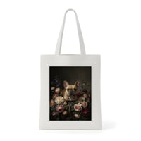 犬（フレンチブルドッグ）トートバッグ 花の油絵風アート キャンバス地