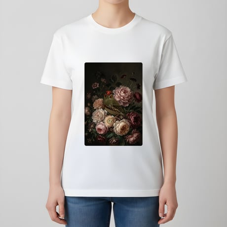 アサヒスズメ半袖Tシャツ 花の油絵風アート ホワイト 男女兼用