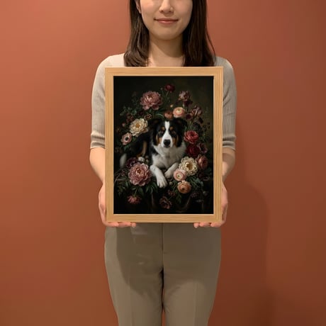 犬（ボーダーコリー）の花に囲まれた油絵風アート A4額装インテリア壁掛け