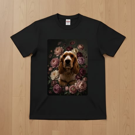犬（コッカースパニエル）半袖Tシャツ 花の油絵風アート ブラック 男女兼用