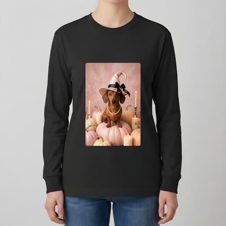 犬（ミニチュアダックスフンド）長袖Tシャツ ハロウィン限定 ブラック 男女兼用