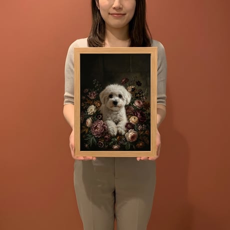 犬（ビションフリーゼ）の花に囲まれた油絵風アート A4額装インテリア壁掛け