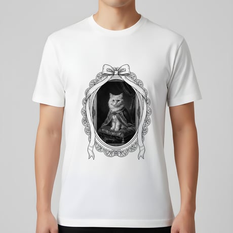猫（ペルシャ猫）半袖Tシャツ ルネサンス風モノクロアート ホワイト 男女兼用