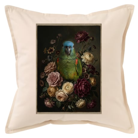 インコ（アオボウシインコ）クッション 45cm 花の油絵風カラーアート