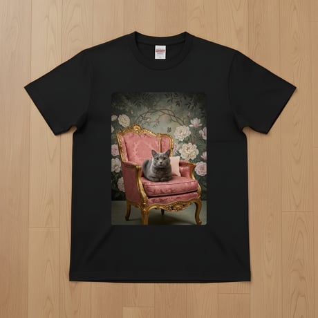 ブリティッシュショートヘア半袖Tシャツ ロココ調アート ブラック 男女兼用