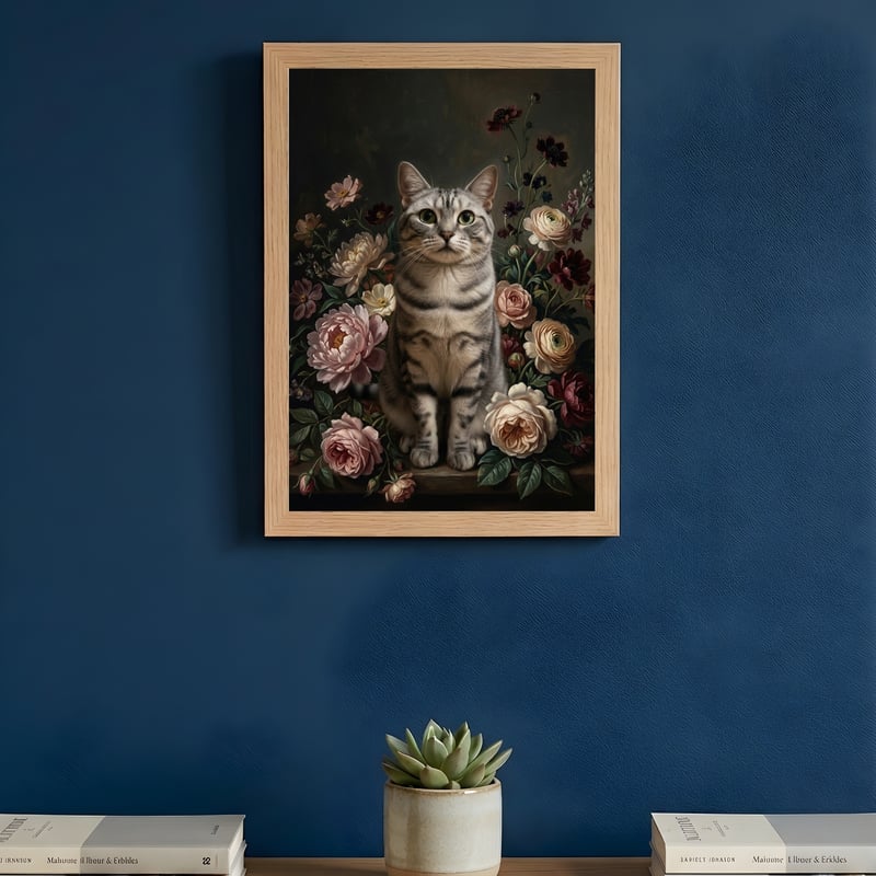 猫（アメリカンショートヘア）の花に囲まれた油絵風アート A4額装