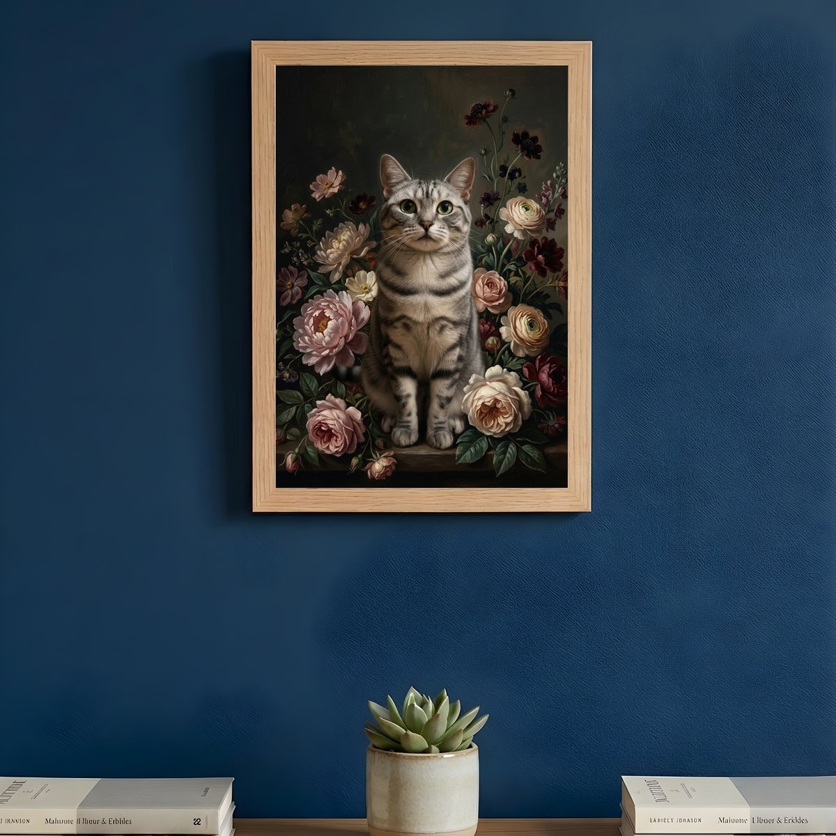 猫（アメリカンショートヘア）の花に囲まれた油絵風アート A4額装