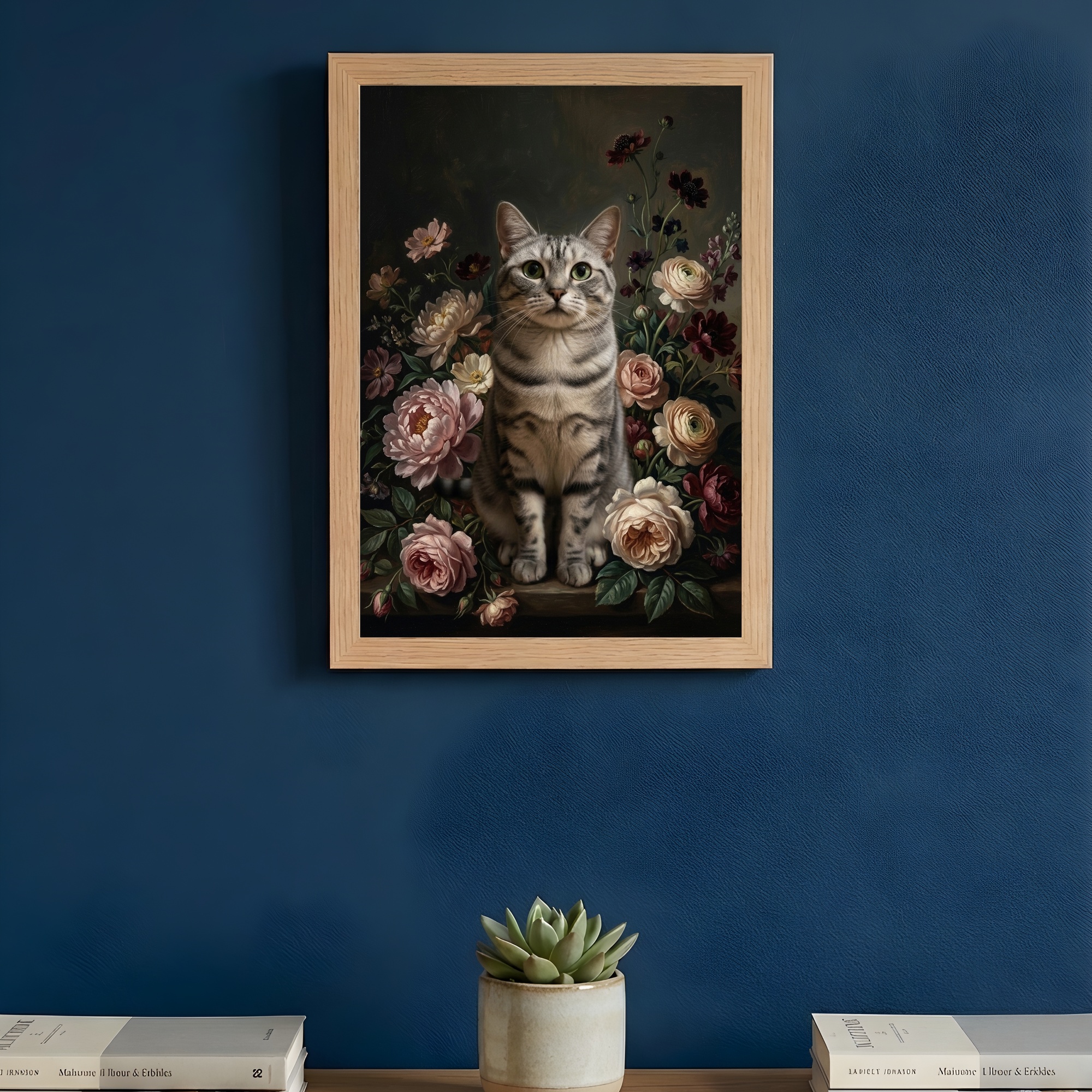 猫（アメリカンショートヘア）の花に囲まれた油絵風アート A4額装