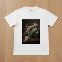 イグアナ（ブルーイグアナ）半袖Tシャツ 花の油絵風アート ホワイト 男女兼用
