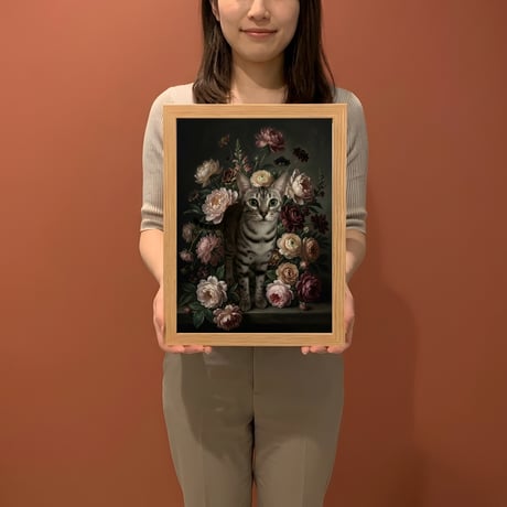 猫（エジプシャンマウ）の花に囲まれた油絵風アート A4額装インテリア壁掛け