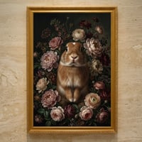 うさぎ（ネザーランドドワーフ）の花の油絵風アート A3額装インテリア壁掛け