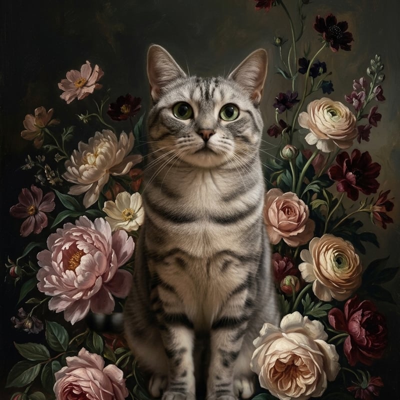 猫（アメリカンショートヘア）の花に囲まれた油絵風アート A4額装