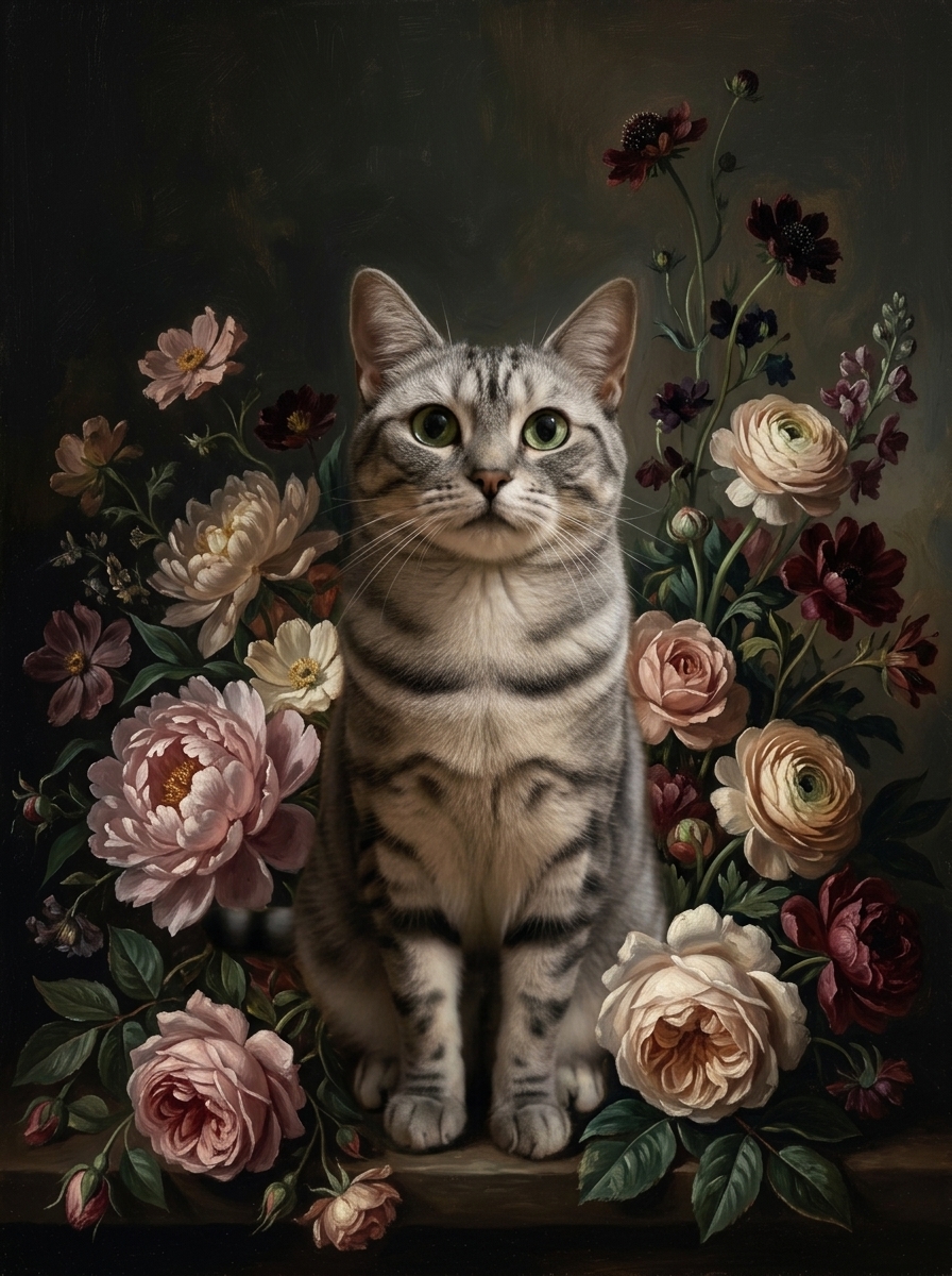 猫（アメリカンショートヘア）の花に囲まれた油絵風アート A4額装