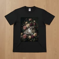 猫（ラグドール）半袖Tシャツ 花の油絵風アート ブラック 男女兼用