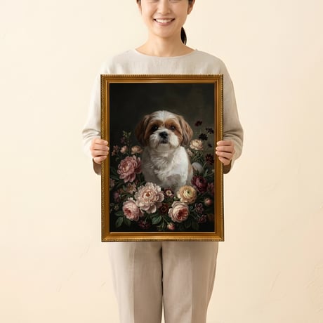 犬（シーズー）の花に囲まれた油絵風アート A3額装インテリア壁掛け