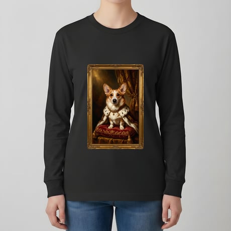 犬（コーギー）長袖Tシャツ ルネサンス風カラーアート ブラック 男女兼用