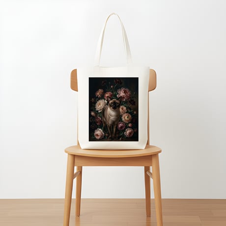 猫（バーミーズ）トートバッグ 花の油絵風アート キャンバス地