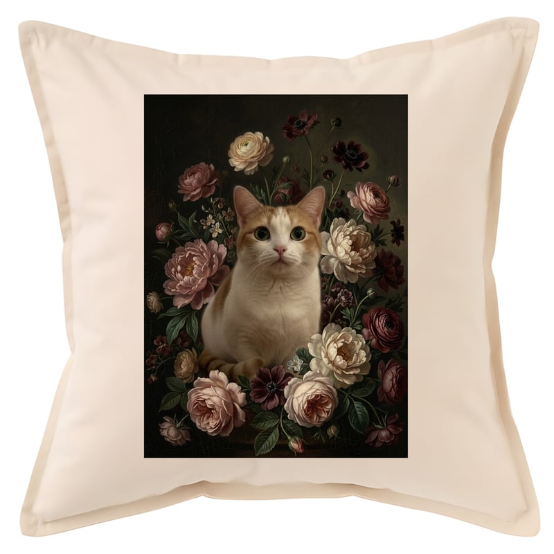 猫（マンチカン）クッション 45cm 花の油絵風カラーアート | うちの子