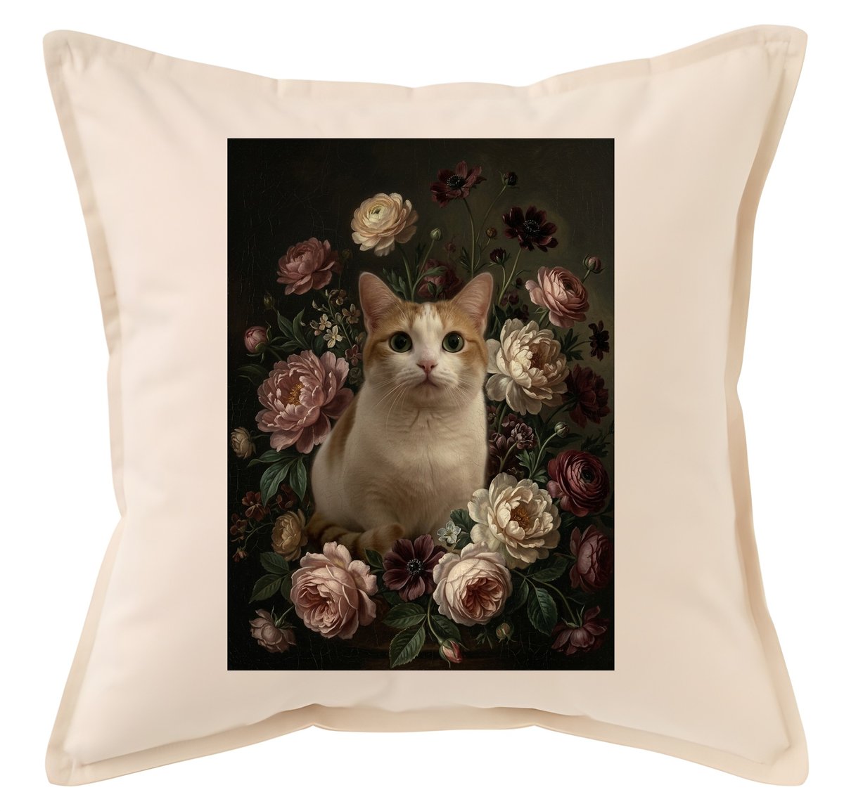 猫（マンチカン）クッション 45cm 花の油絵風カラーアート | うちの子