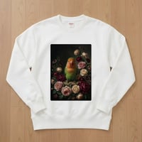 インコ（コザクラインコ）トレーナー 花の油絵風アート ホワイト 男女兼用
