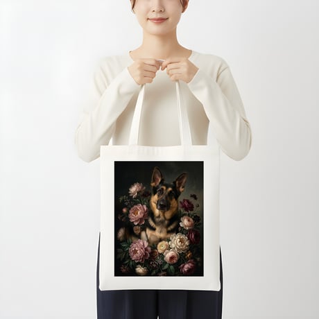 犬（ジャーマンシェパード）トートバッグ 花の油絵風アート キャンバス地