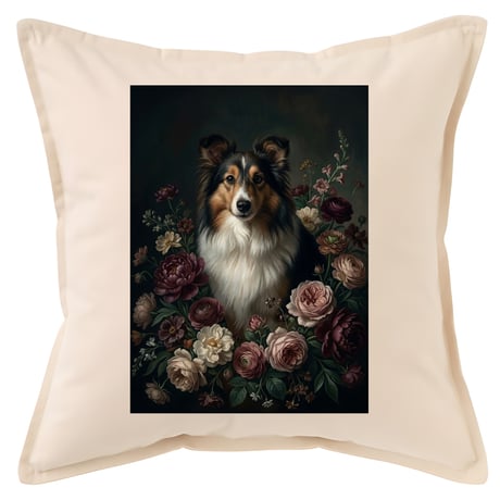 犬（シェットランドシープドッグ）クッション 45cm 花の油絵風カラーアート