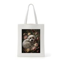 犬（マルチーズ）トートバッグ 花の油絵風アート キャンバス地