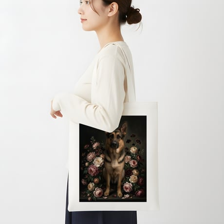 犬（ジャーマンシェパード）トートバッグ 花の油絵風アート キャンバス地