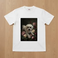 犬（ビションフリーゼ）半袖Tシャツ 花の油絵風アート ホワイト 男女兼用