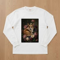犬（コーギー）長袖Tシャツ 花の油絵風アート ホワイト 男女兼用